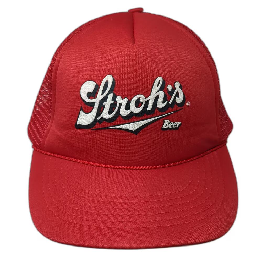 Stroh's Trucker Hat Red White OS Snapback Mesh Foam Front Beer Logo Adjustable